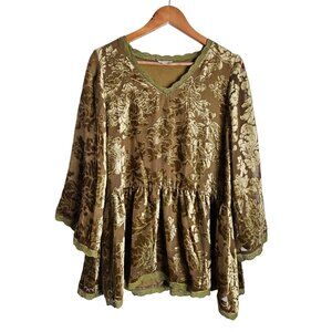 POL Floral Burnout Boho Whymsical Velvet Tunic Top Lace Trim Womens S